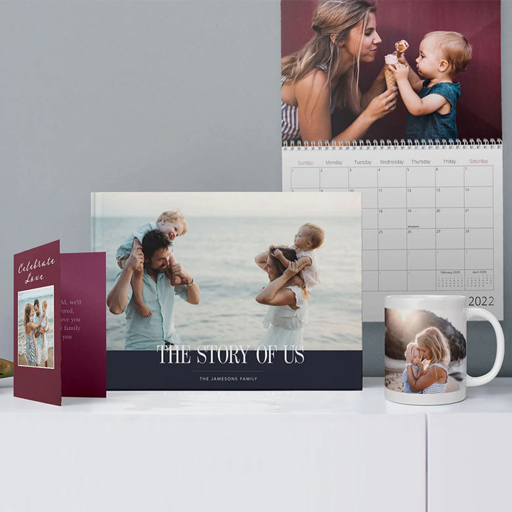 Collection of some Posterjack products - photo book, mug, calendar, and greeting card