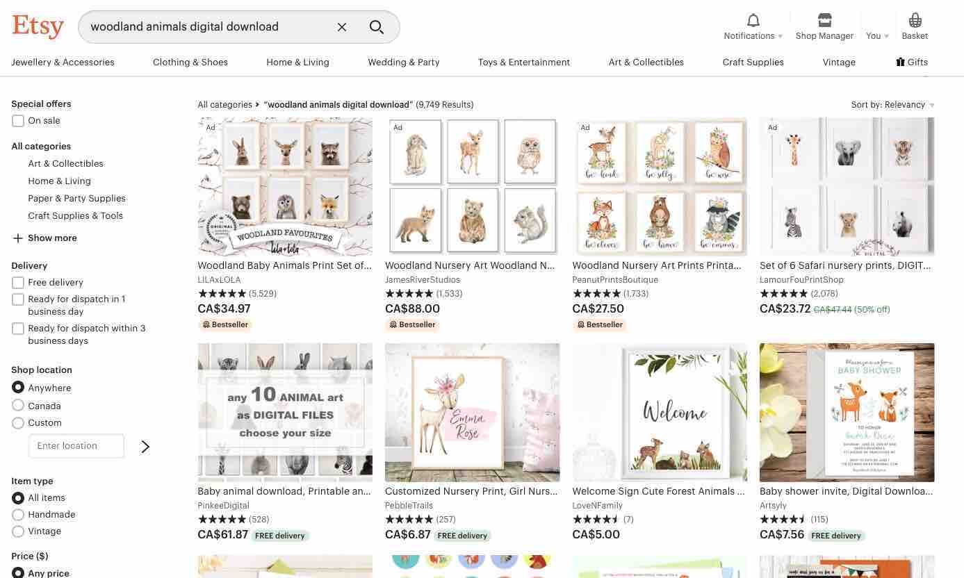 Woodland Animals Digital Downloads Search on Etsy Screenshot