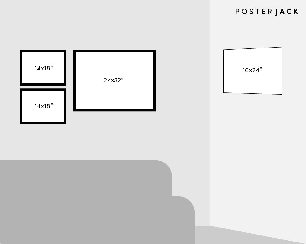Living Room Gallery Wall Layout Template with Four Photos on Two Walls