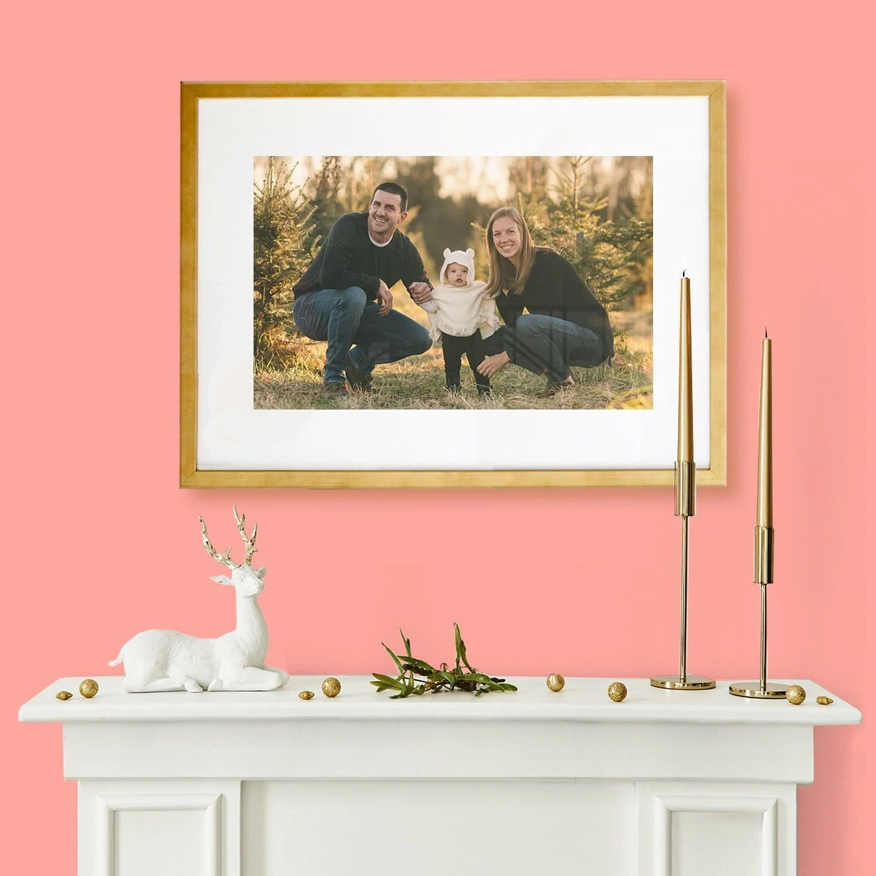 Gold Metallic Framed Print of Family Portrait Displayed Above Fireplace Mantel
