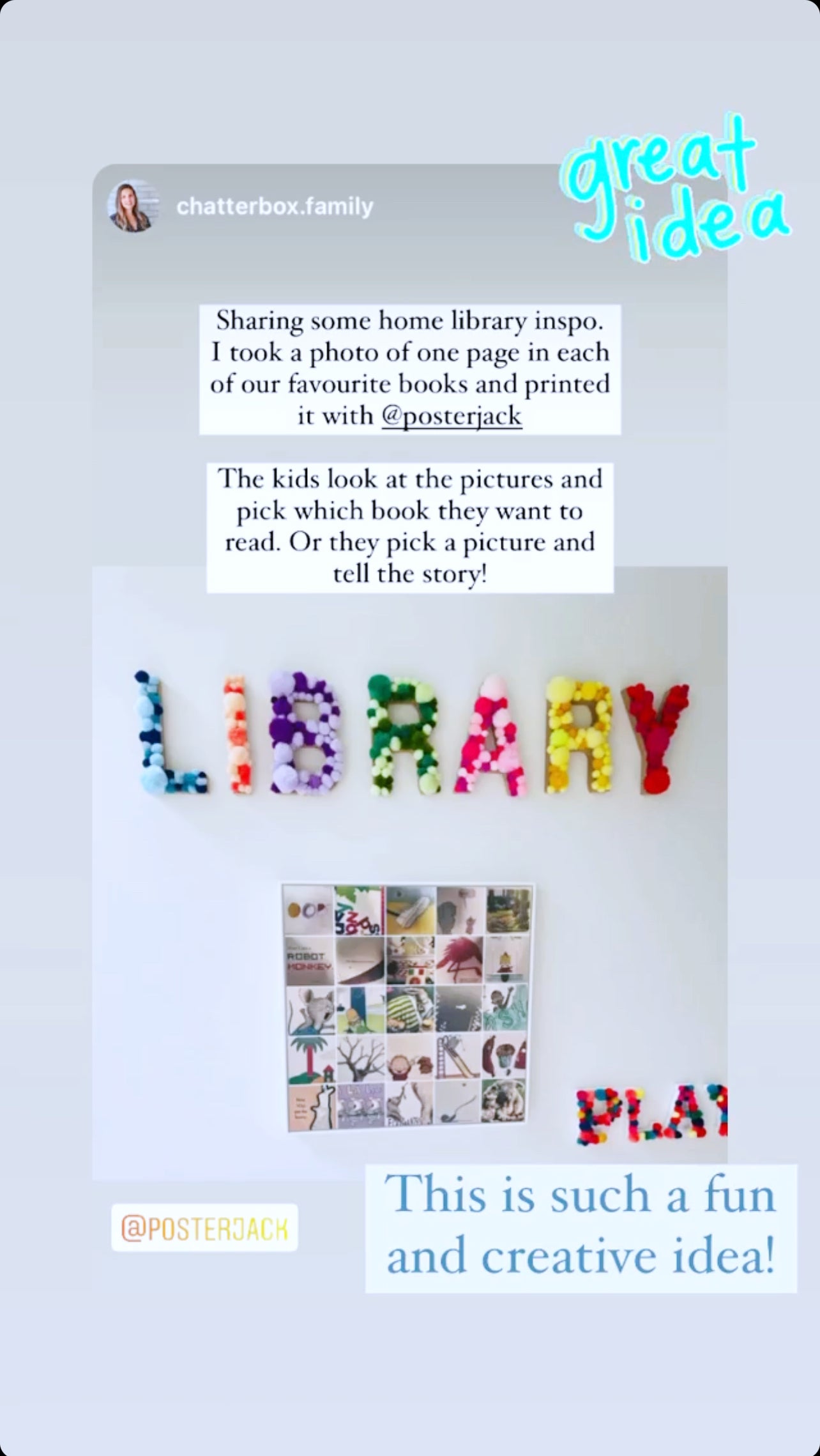 Chatterbox Family Instagram Story Featuring Posterjack Gallery Box in Home Library