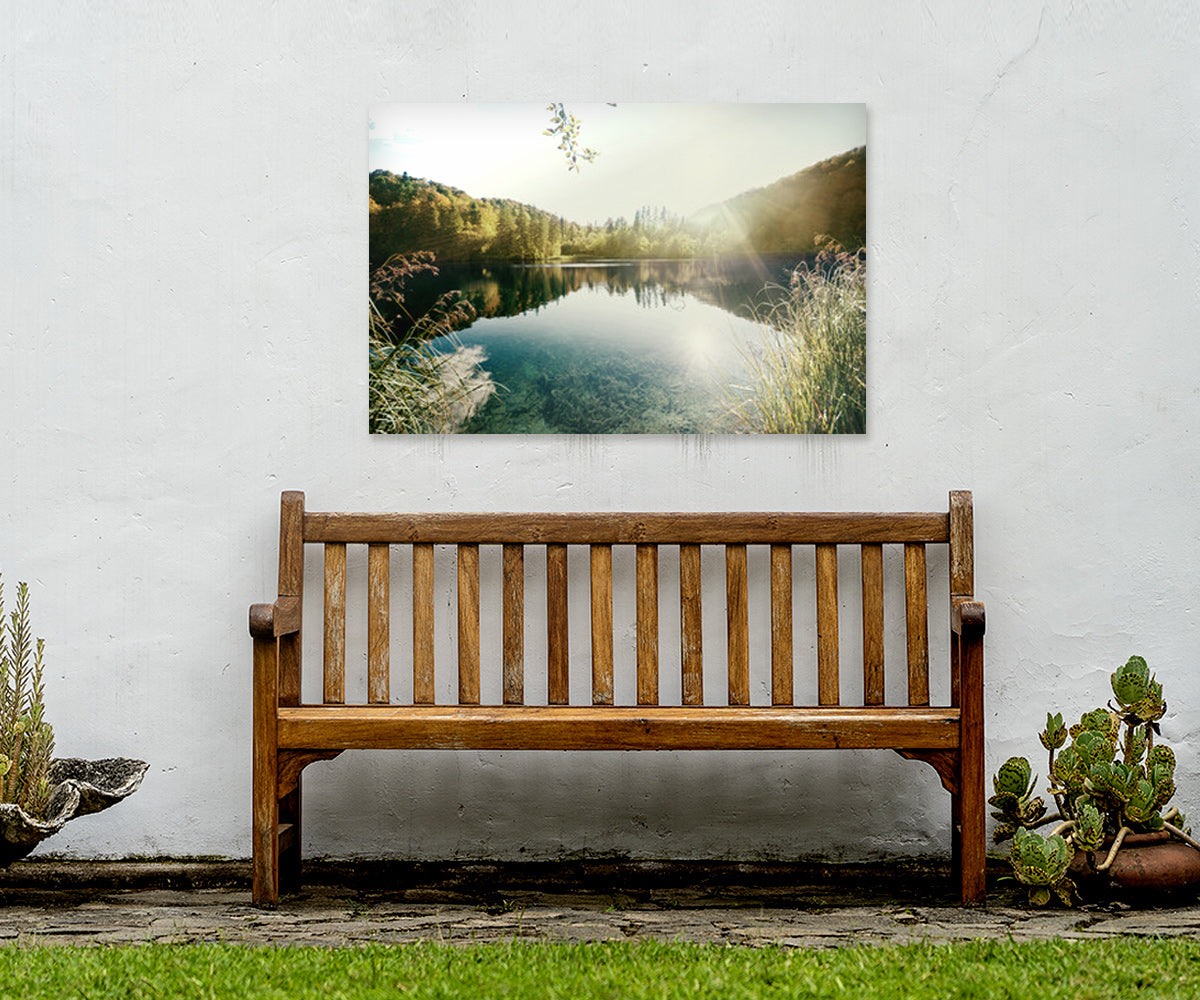 Matte White Metal Print Displayed Outdoors Above a Bench