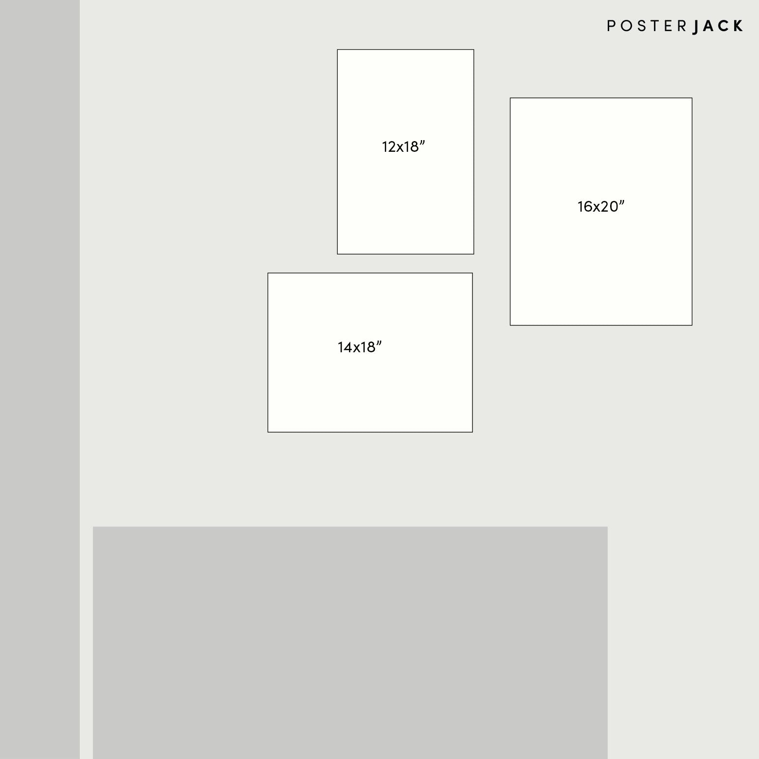 Unique three-picture gallery wall template using a mix of sizes and frames.
