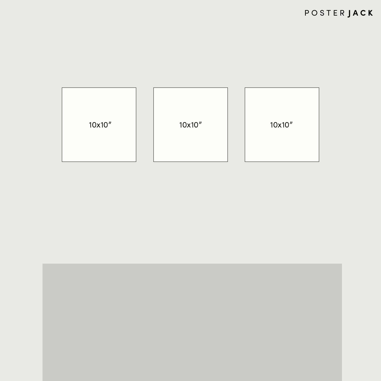 Gallery wall template for three square 10x10 inch pictures.