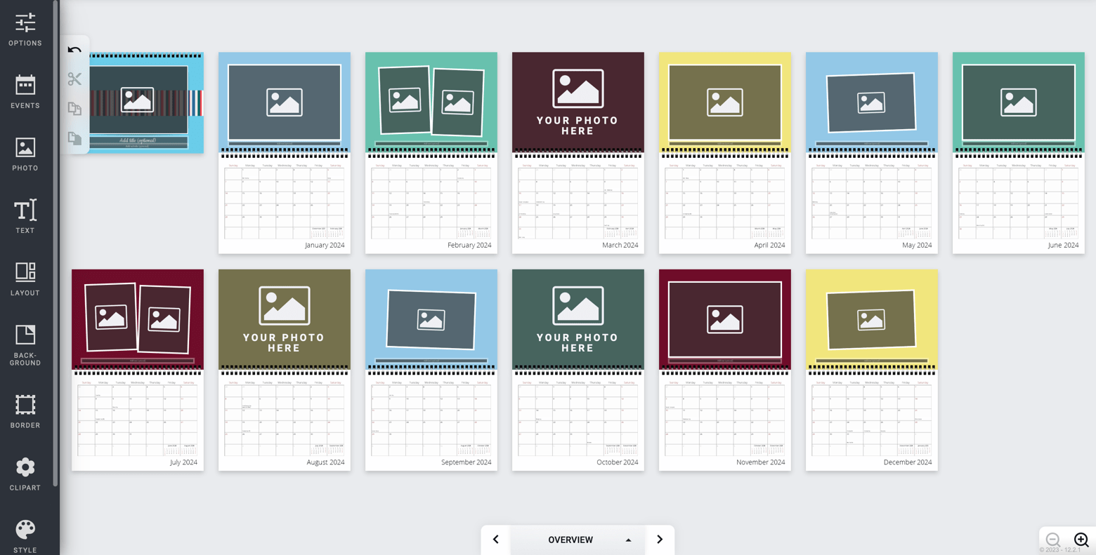 Screenshot Showing Various Editing Options in Posterjack's Custom Photo Calendar Builder Tool