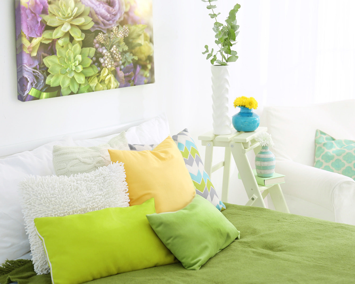 Beautiful bedroom decorated with green decor and a Posterjack Canvas Print