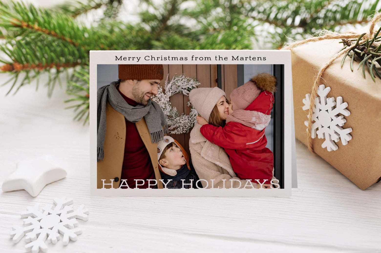 Customized Holiday Photo Card Displayed with Christmas Decor