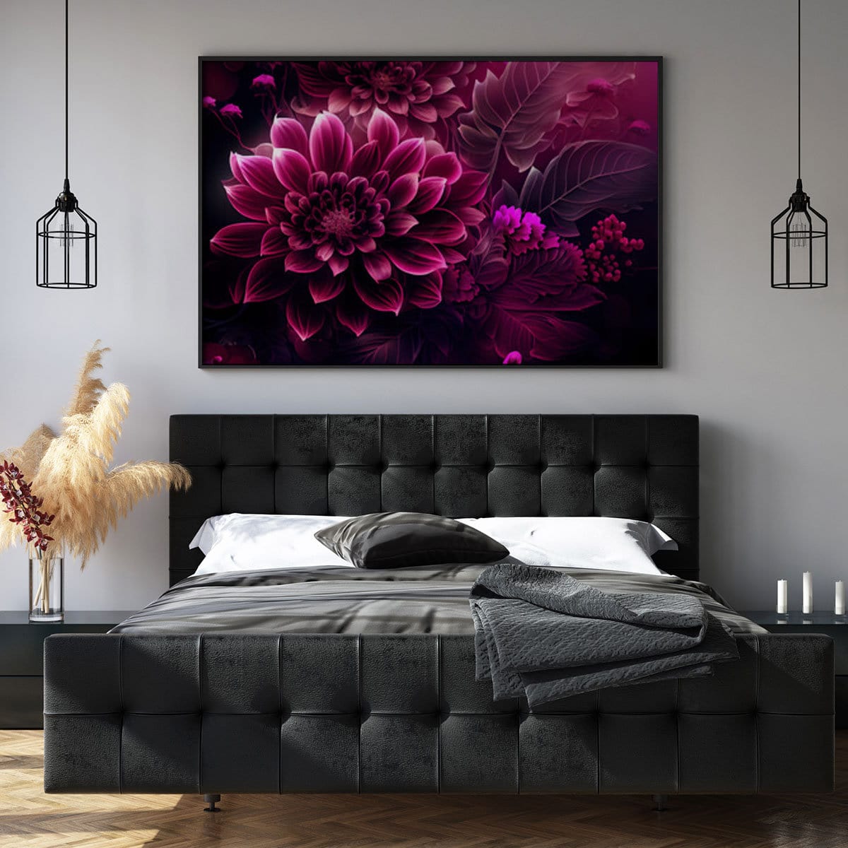 Metal Print Displayed Above Bed Featuring Magenta, the 2023 Pantone Colour of The Year