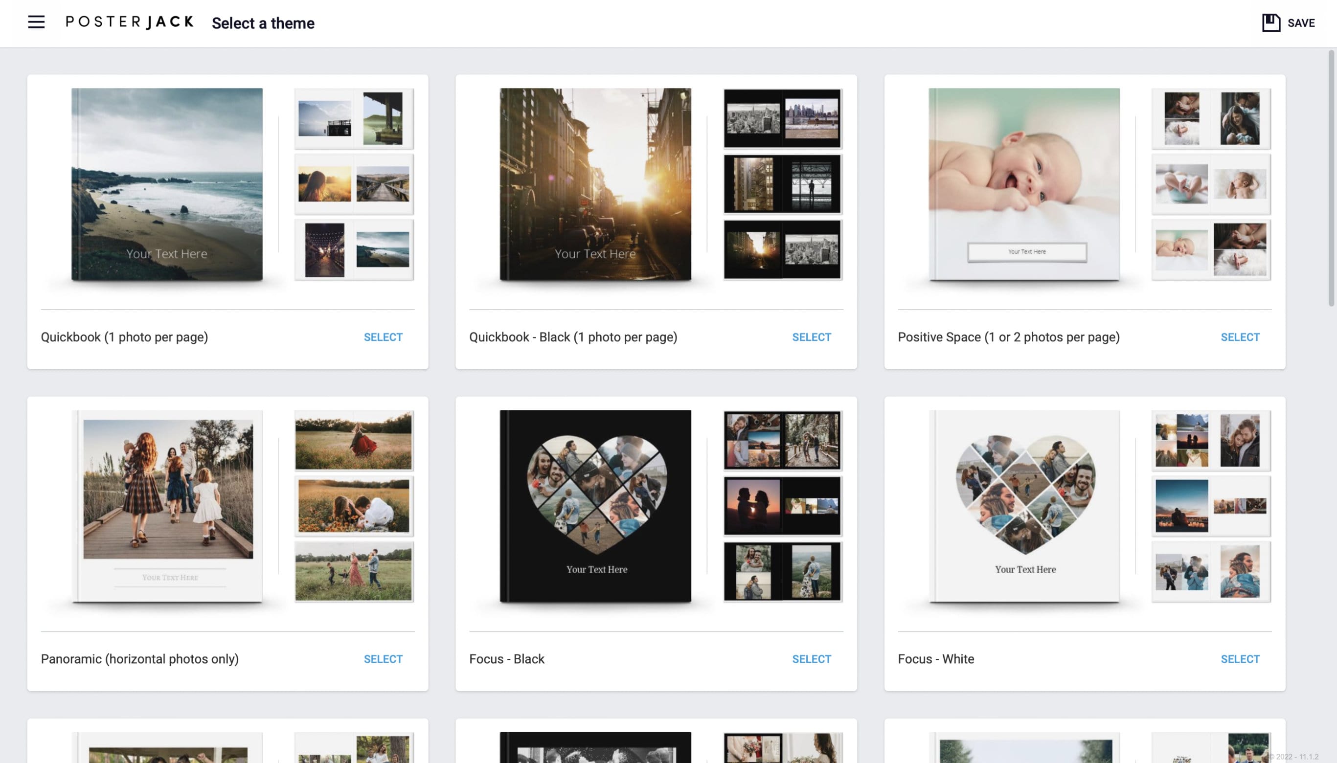 Screenshot of some of the Layflat Photo Book theme options 