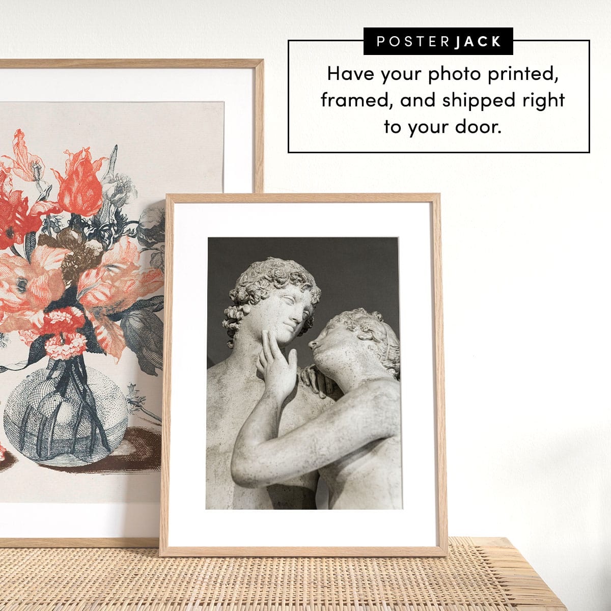 Art prints displayed in natural wood picture frames by Posterjack.