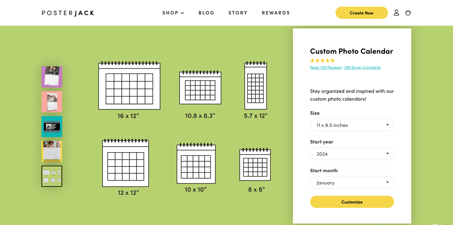 Screenshot from Posterjack's Custom Photo Calendar Product Page