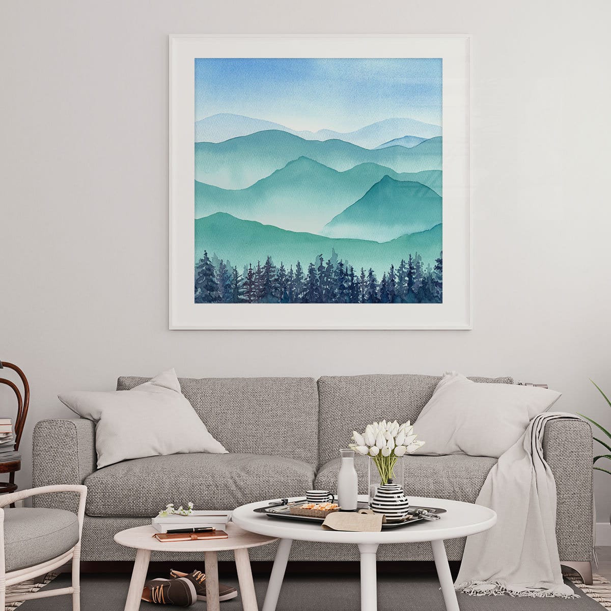 Watercolour Mountains in Blue Printed and Framed, Displayed Above Couch in Living Room