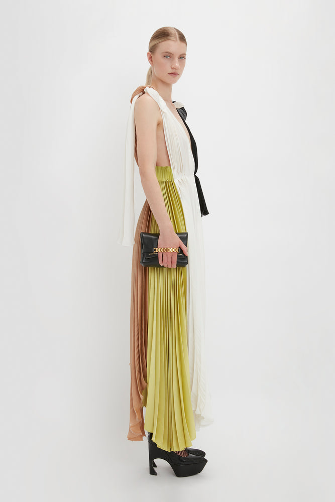 Victoria Beckham Asymmetric Pleated V-Neck Dress In Ivory-Multi 14