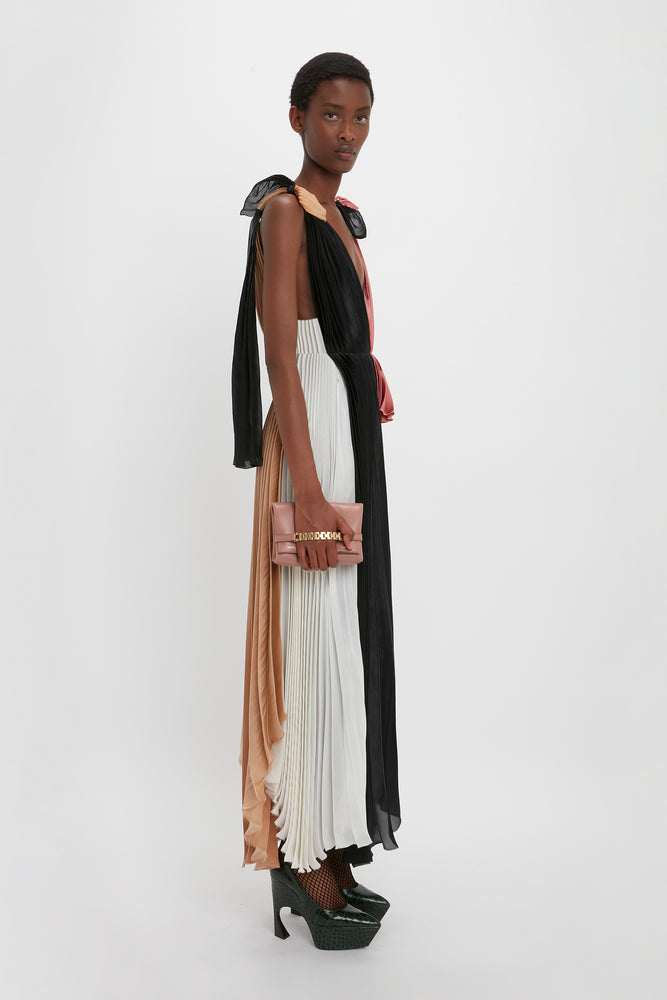 Victoria Beckham Asymmetric Pleated V-Neck Dress In Black-Multi 14 product