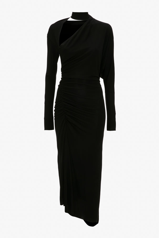 Victoria Beckham Slash-Neck Ruched Midi Dress In Black 16