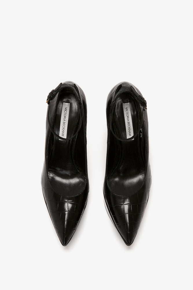 Victoria Beckham Ankle Strap Wedge Pump In Black Croc-Effect Leather 41