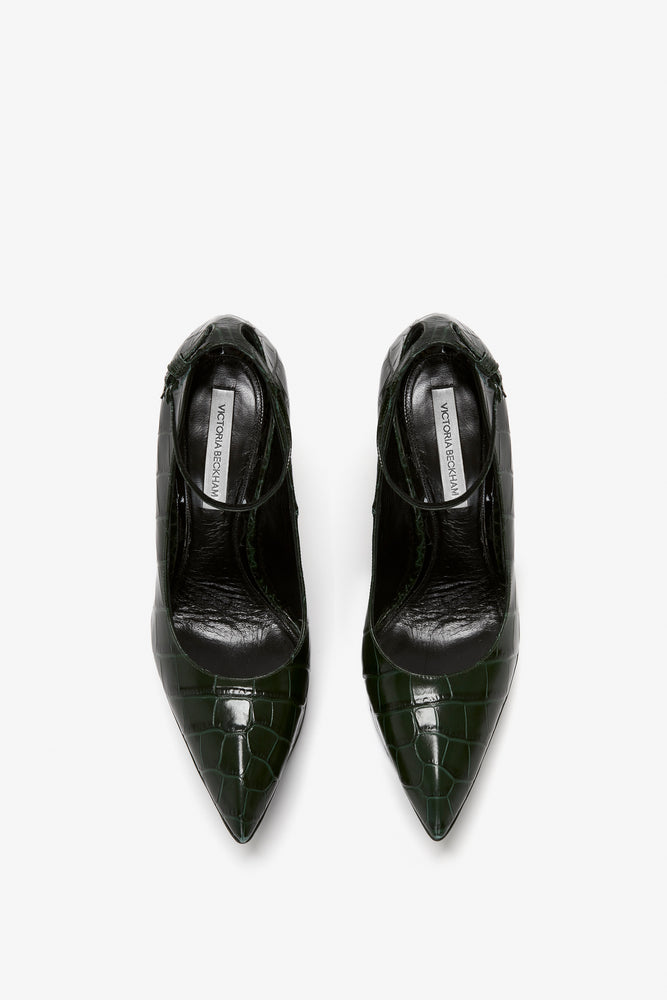 Victoria Beckham Ankle Strap Wedge Pump In Dark Green Croc-Effect Leather 41