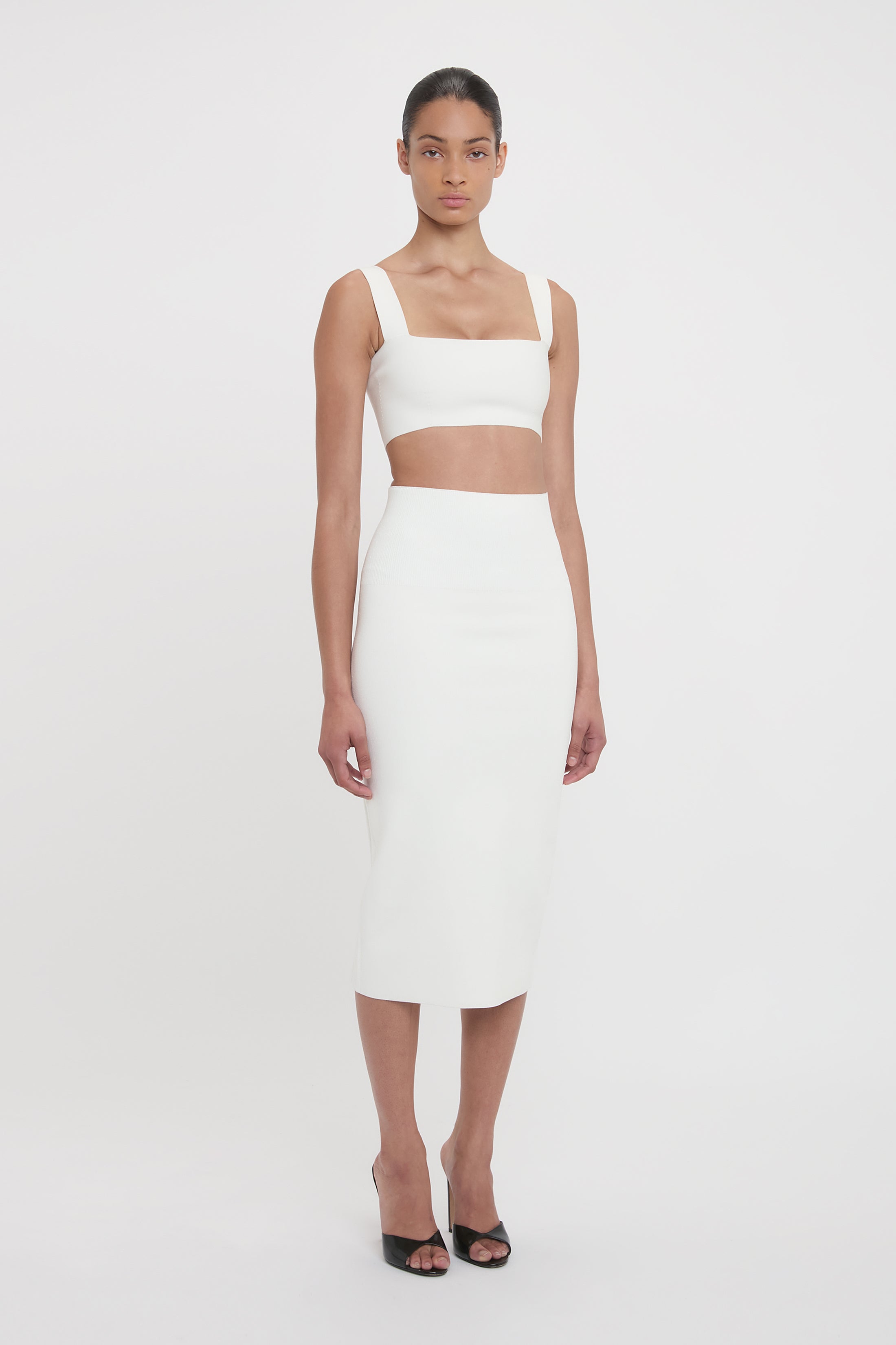 【Victoria Beckham】パッド high-riseウール pencilスカート VICTORIA BECKHAM black silk wool lacquared fabric trimmed
