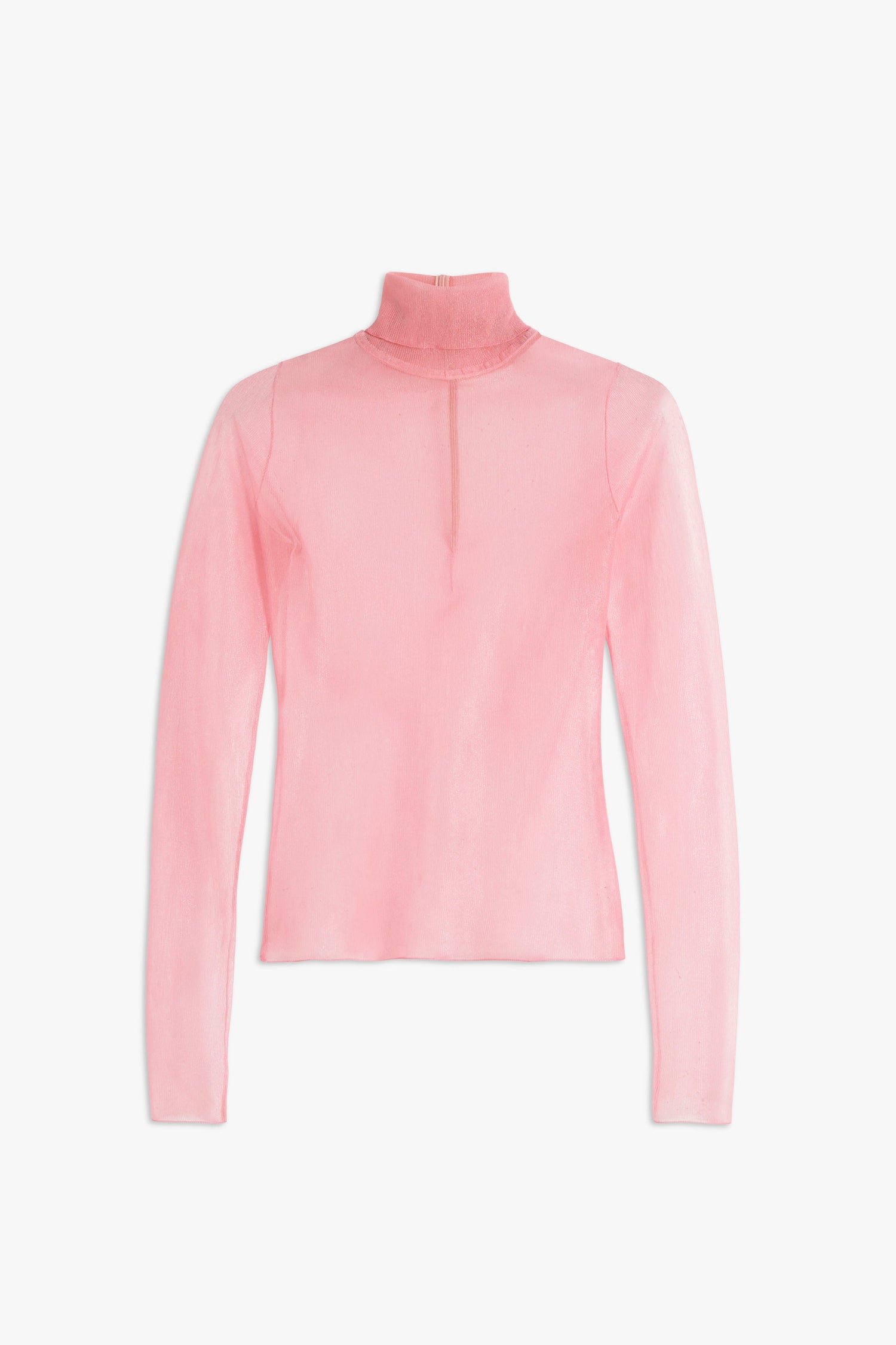 Product image of the sheer pink polo neck top from Victoria Beckham. This sheer lightweight top, perfect for layering has a slight glitter finish, perfect for partywear.