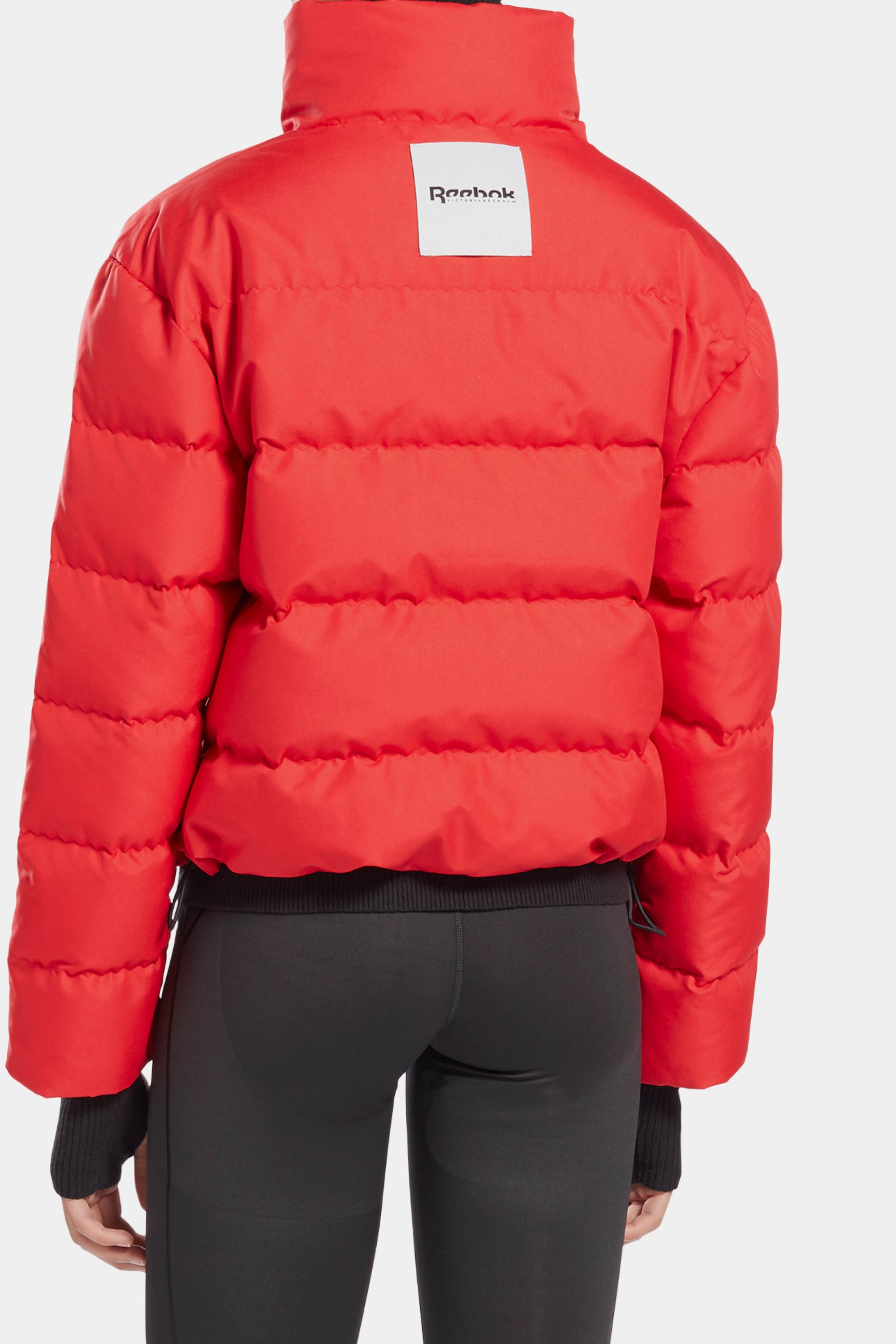 red cropped puffer jacket