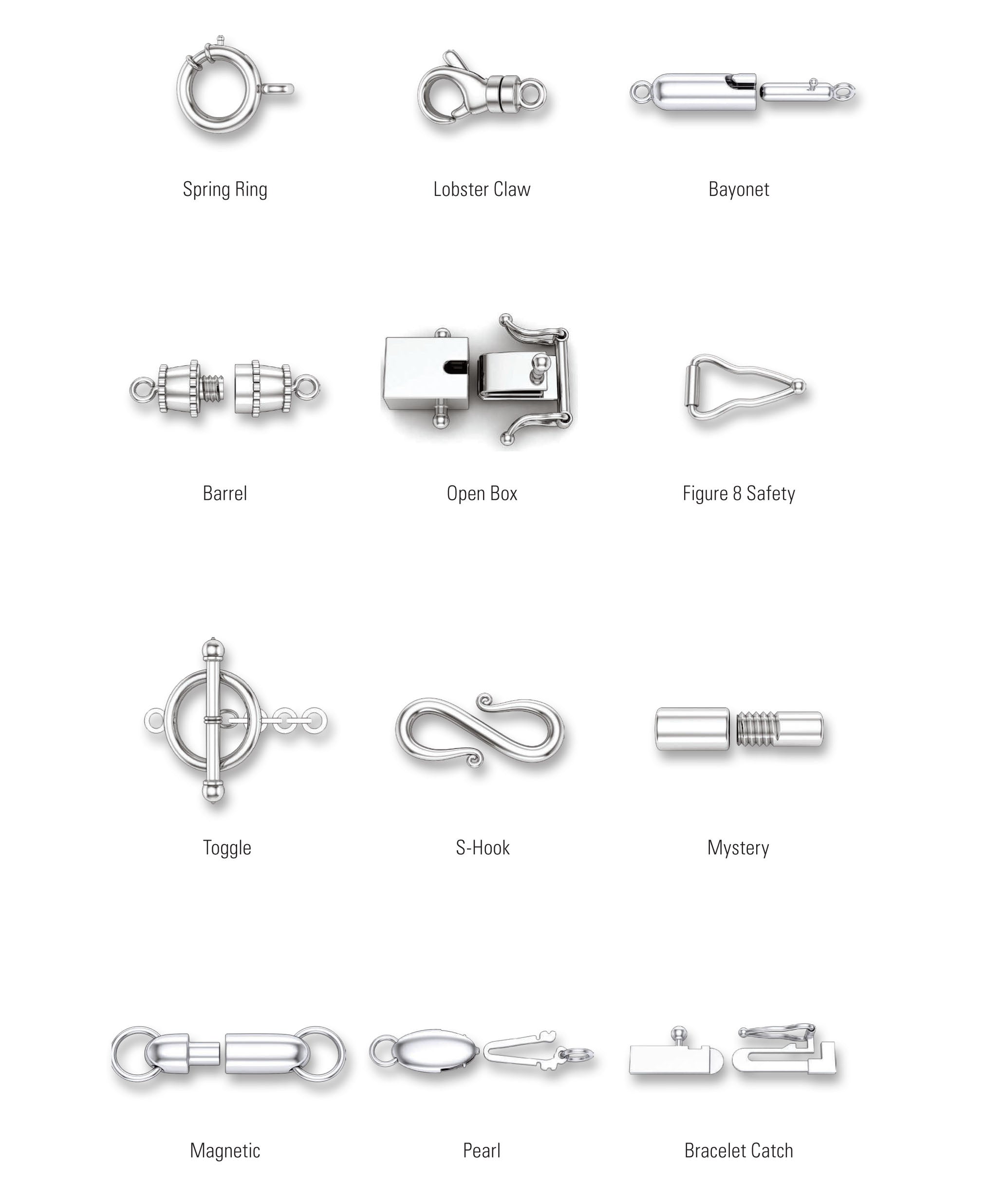 Clasp Types by The Black Bow Jewelry Company include spring ring, lobster claw, bayonet, barrel clasps, box clasps, toggle clasps, s-hook clasps, mystery clasps, magnetic clasps, pearl clasps and bracelet clasps