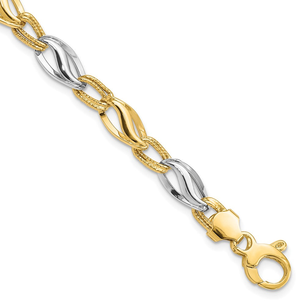9mm 14K Two Tone Gold Hollow Fancy Link Chain Bracelet, 7.5 Inch