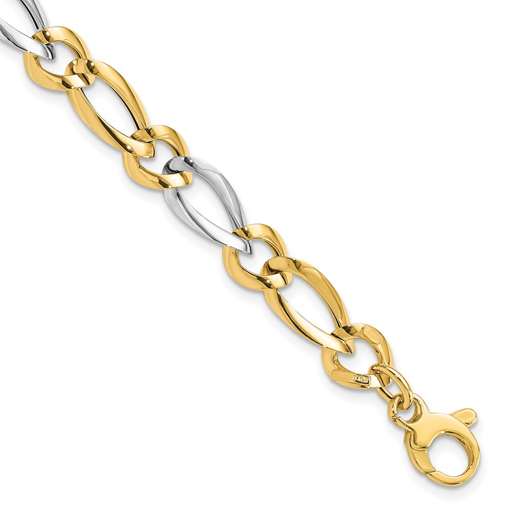 7.5mm 14K Two Tone Gold Hollow Polished Link Chain Bracelet, 7.25 Inch