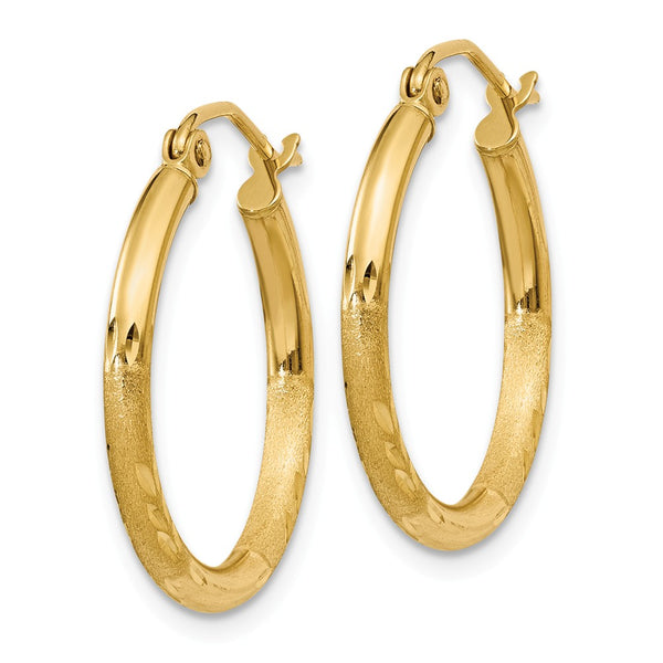 2mm x 20mm 14k Yellow Gold Satin & Diamond-Cut Round Hoop Earrings ...