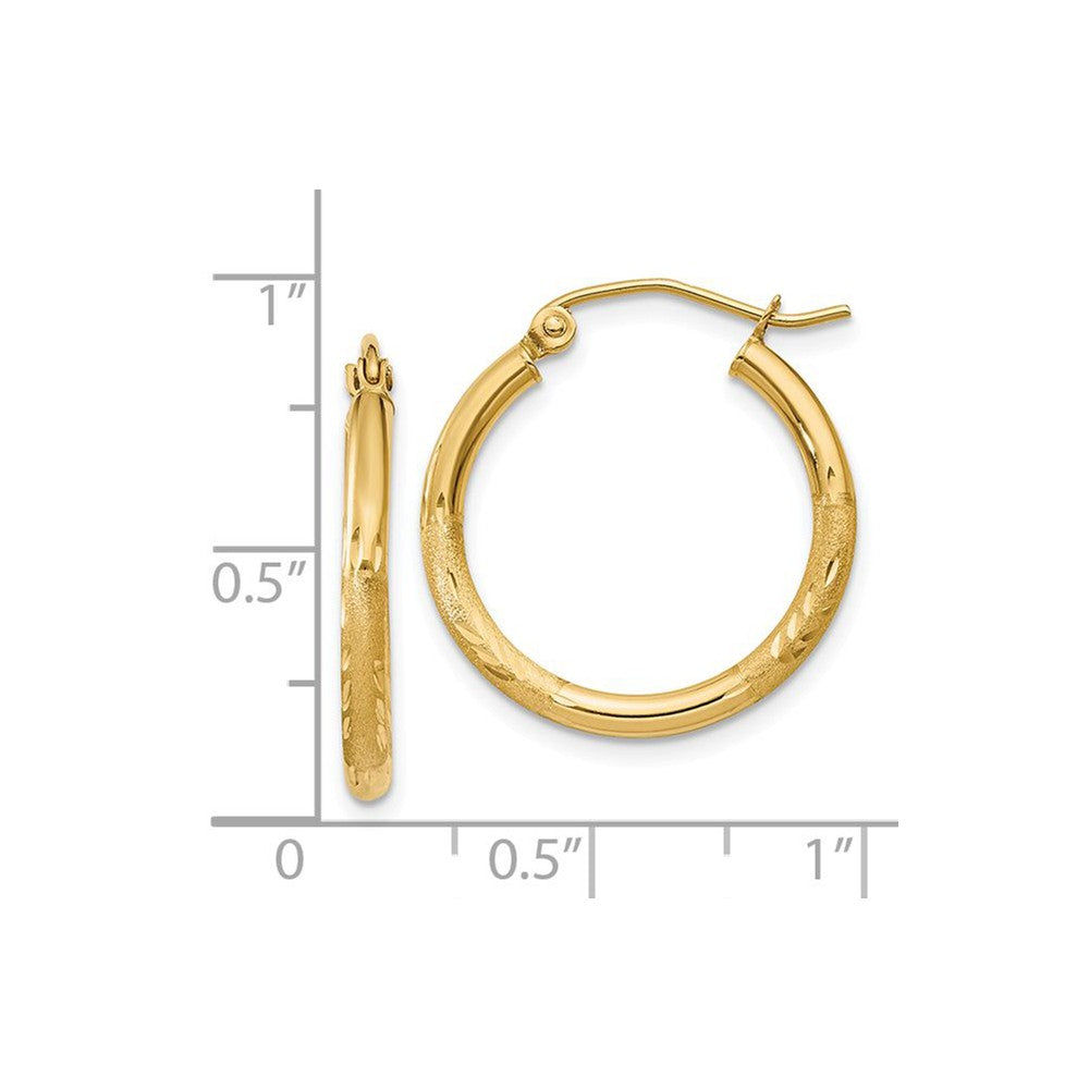 2mm x 20mm 14k Yellow Gold Satin & Diamond-Cut Round Hoop Earrings ...