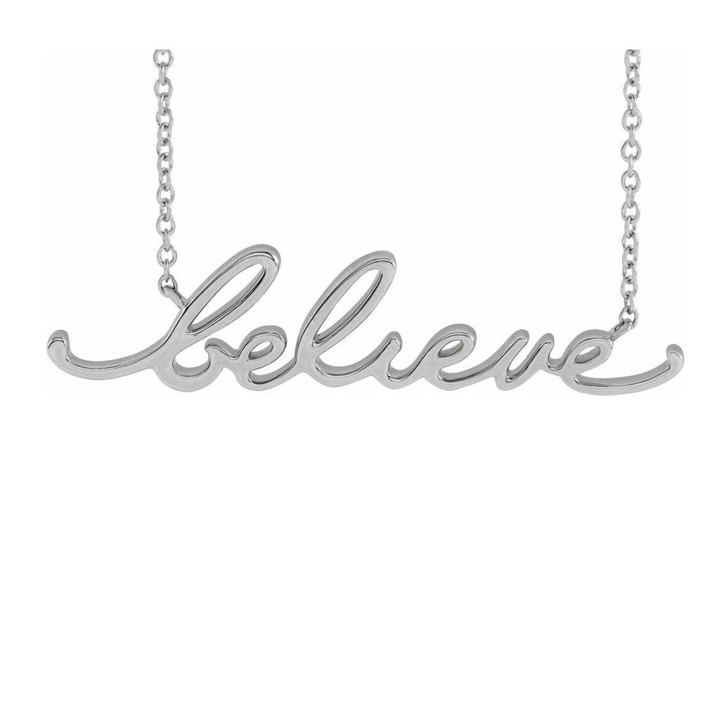 14K White Gold Petite Believe Script Necklace, 16 or 18 Inch