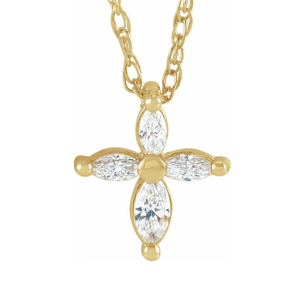 14K Yellow Gold 1/6 CTW Diamond Marquise Tiny Cross Necklace, 18 Inch