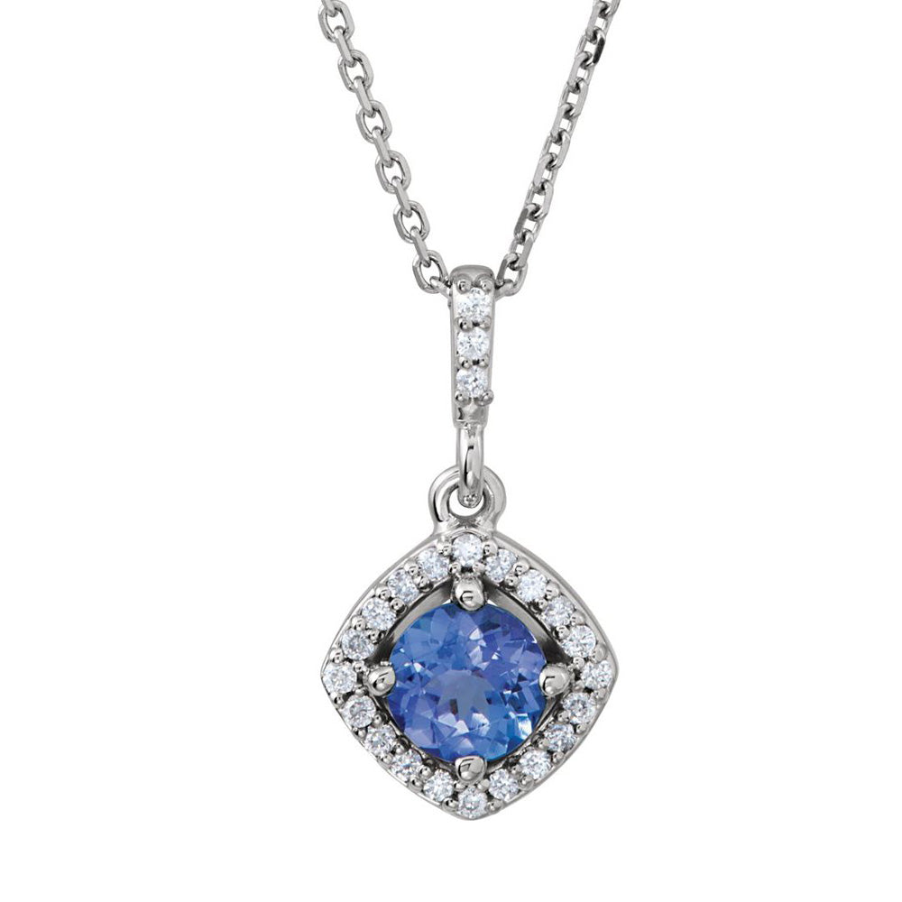 14K White Gold Tanzanite & 1/8 CTW Diamond Halo Style Necklace, 18 In