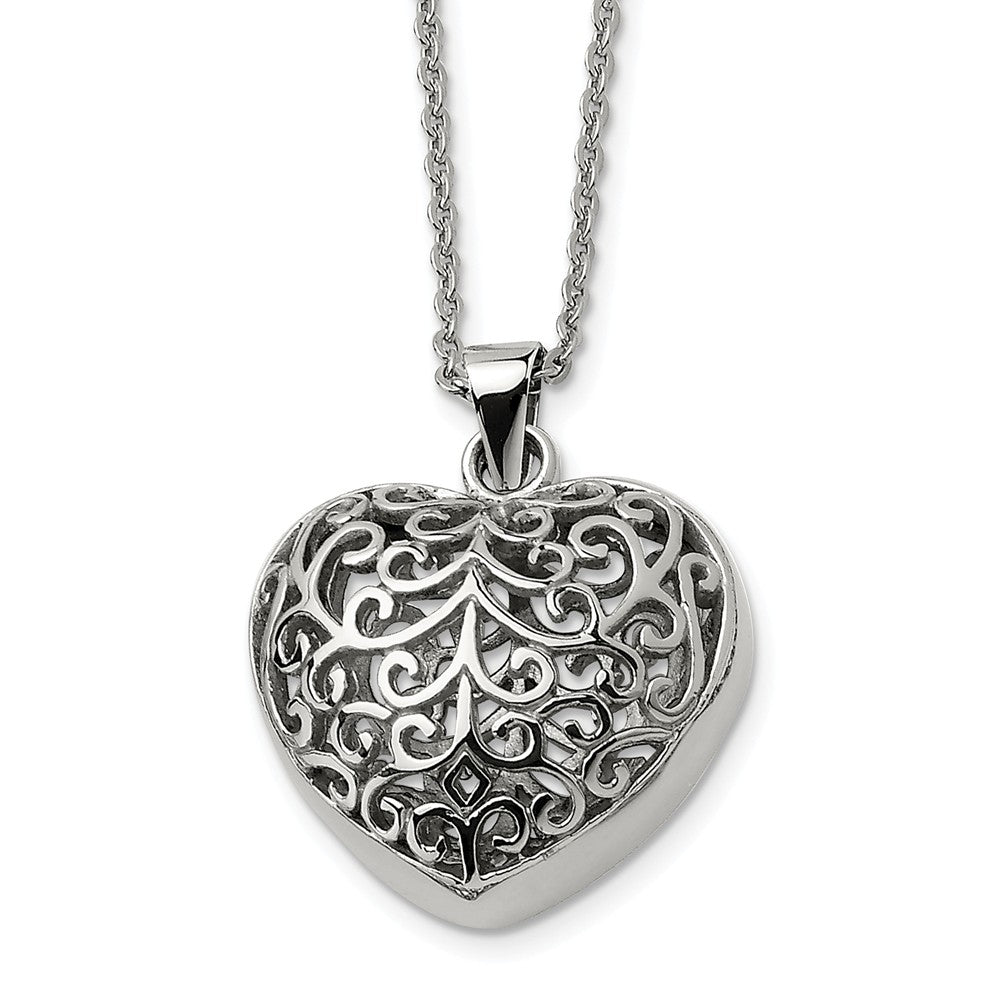 Stainless Steel Large Filigree Puffed Heart Necklace, 22 Inch– The ...