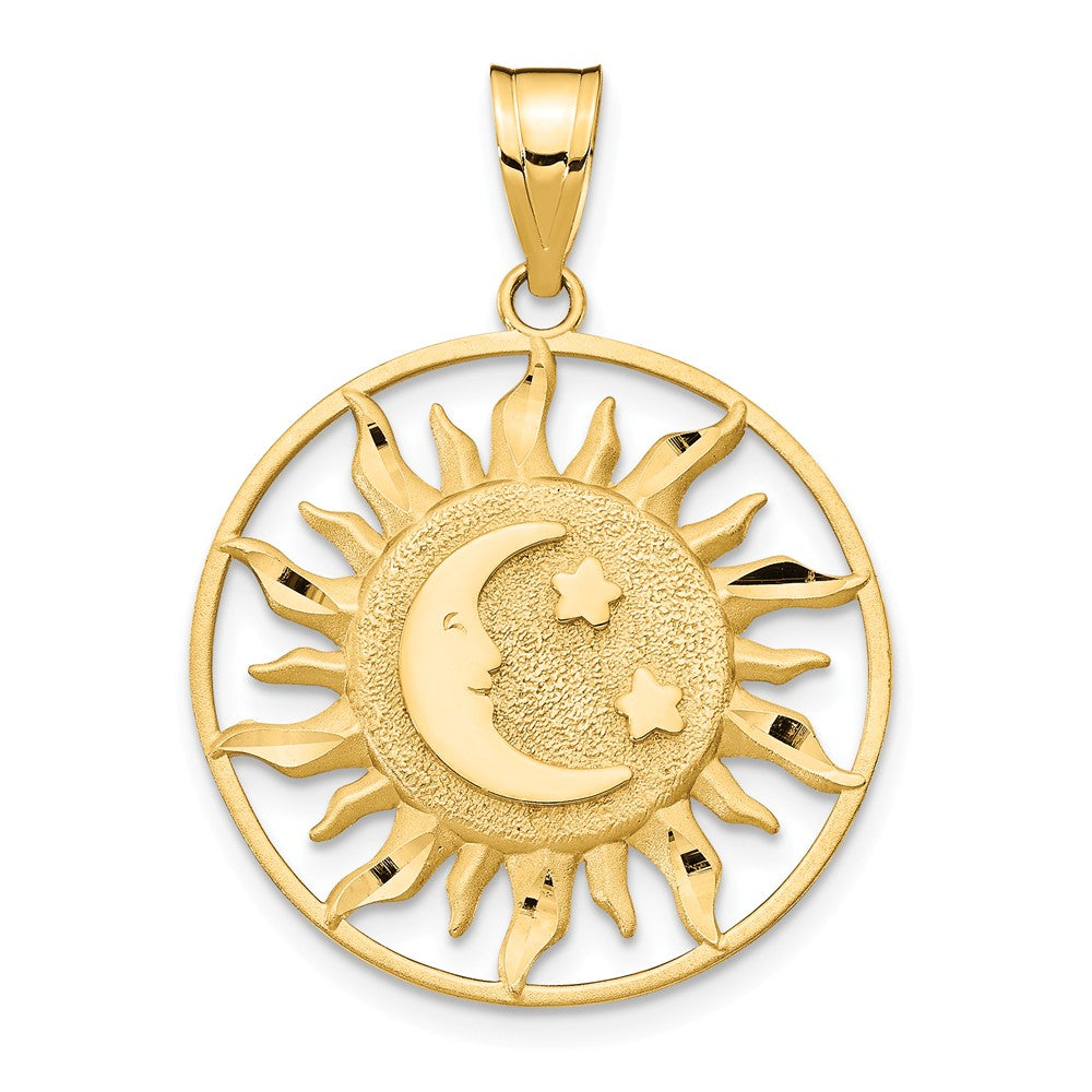 14k Yellow Gold 22mm Sun, Moon and Stars Circle Pendant