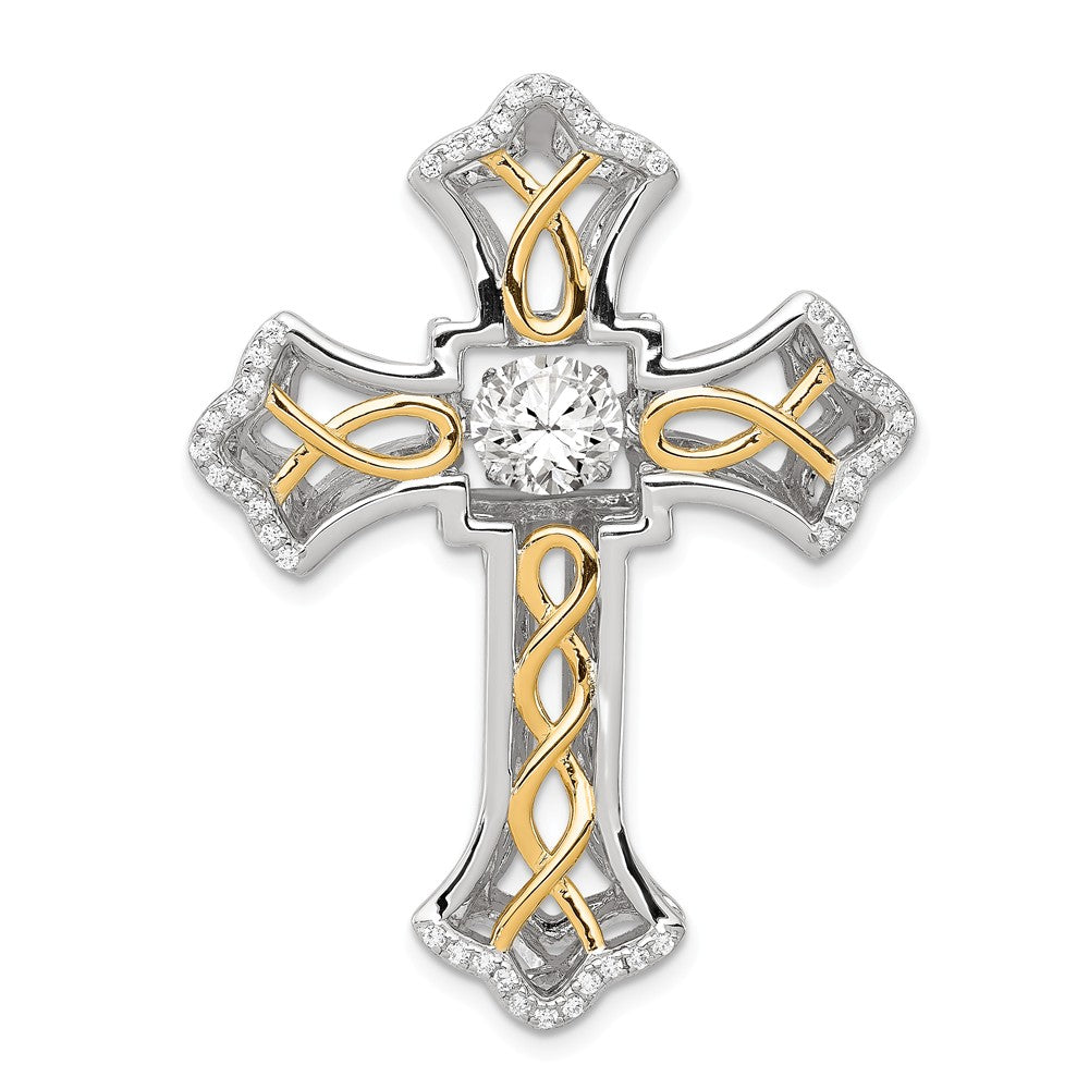 Platinum & Gold Tone Sterling Silver & CZ Cross Pendant, 32 x 42mm