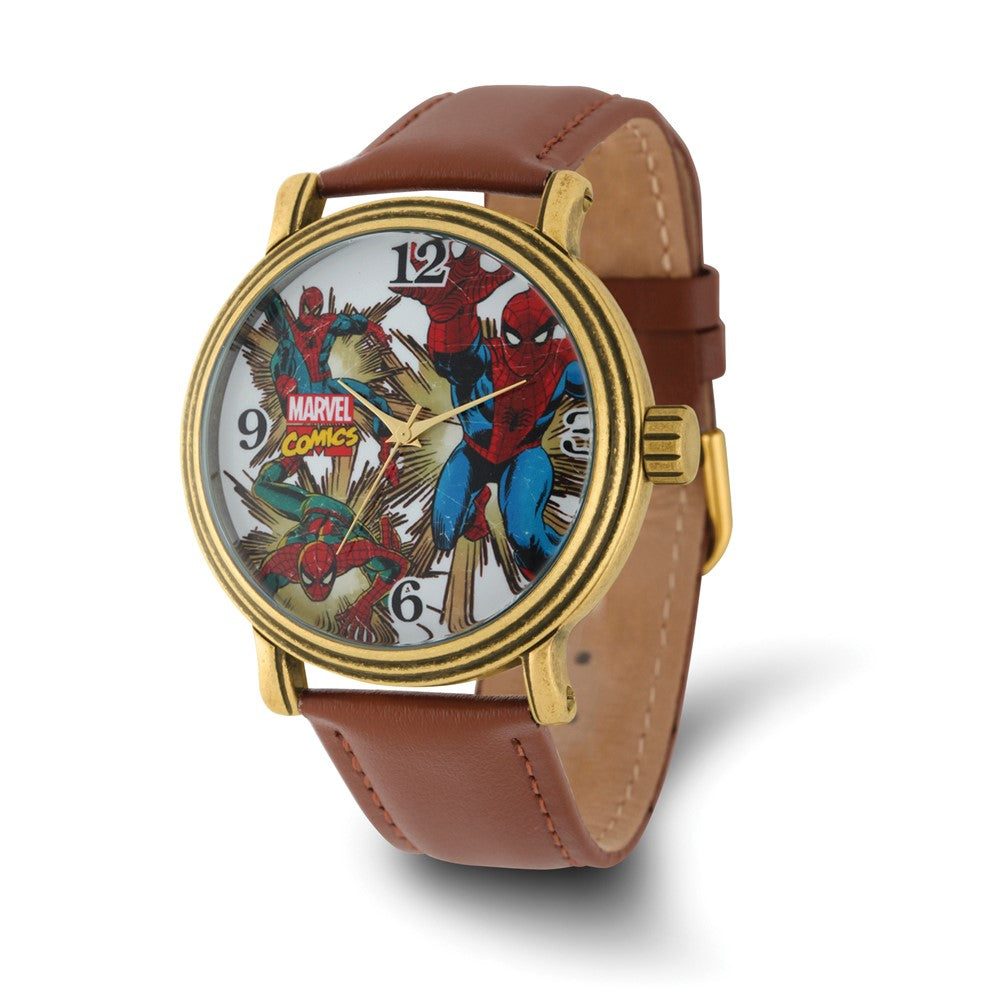 Marvel Adult Size Spiderman Gold-tone Brown Leather Band Watch - The Black  Bow Jewelry Company