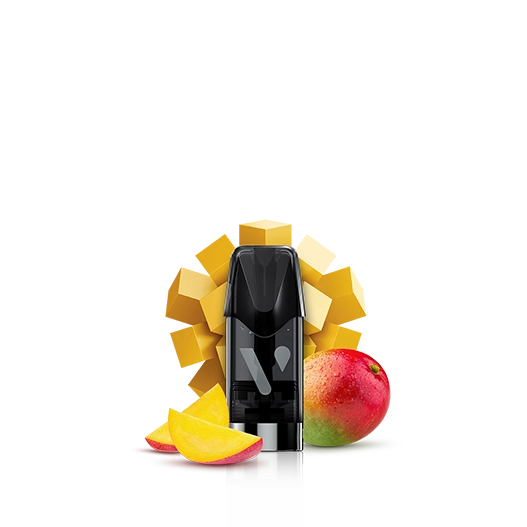 Vuse Mango E-Liquid Vape Pod with Mangoes beside It
 image