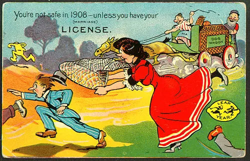 1908 leap day postcard depicting a "husband hunter" capturing their male "victim," or proposee.