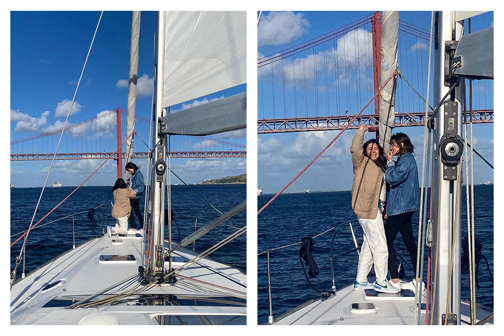 Lauren proposes back to Manuela on the Tagus River in Portugal