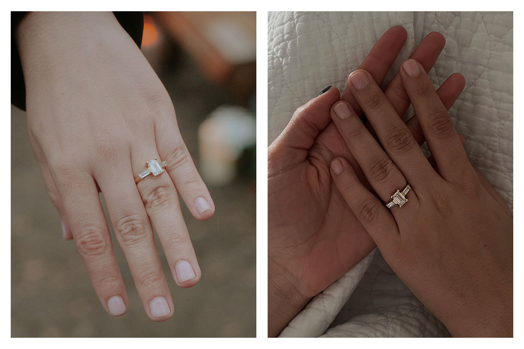 Fully custom 3-stone baguette engagement ring by Holden