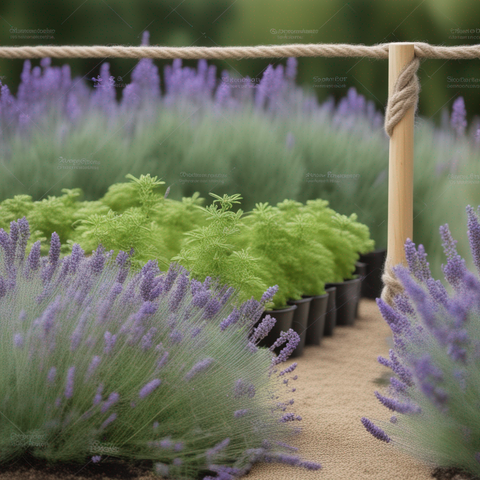 herb garden with lavender plants and rope fence with a gravel path