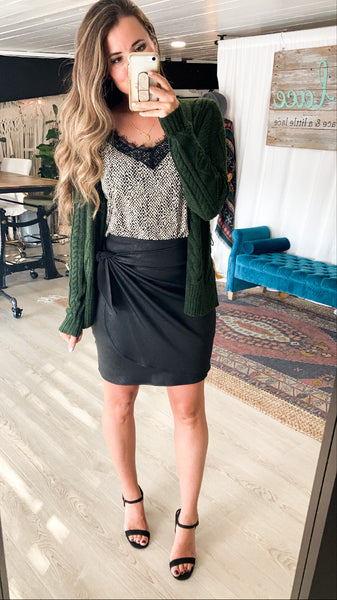 move free leather like skirt, cami, belted cable cardi in pine green 
