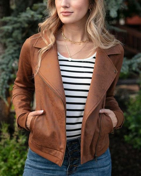 Move Free Leather Look Moto Jacket in camel 
