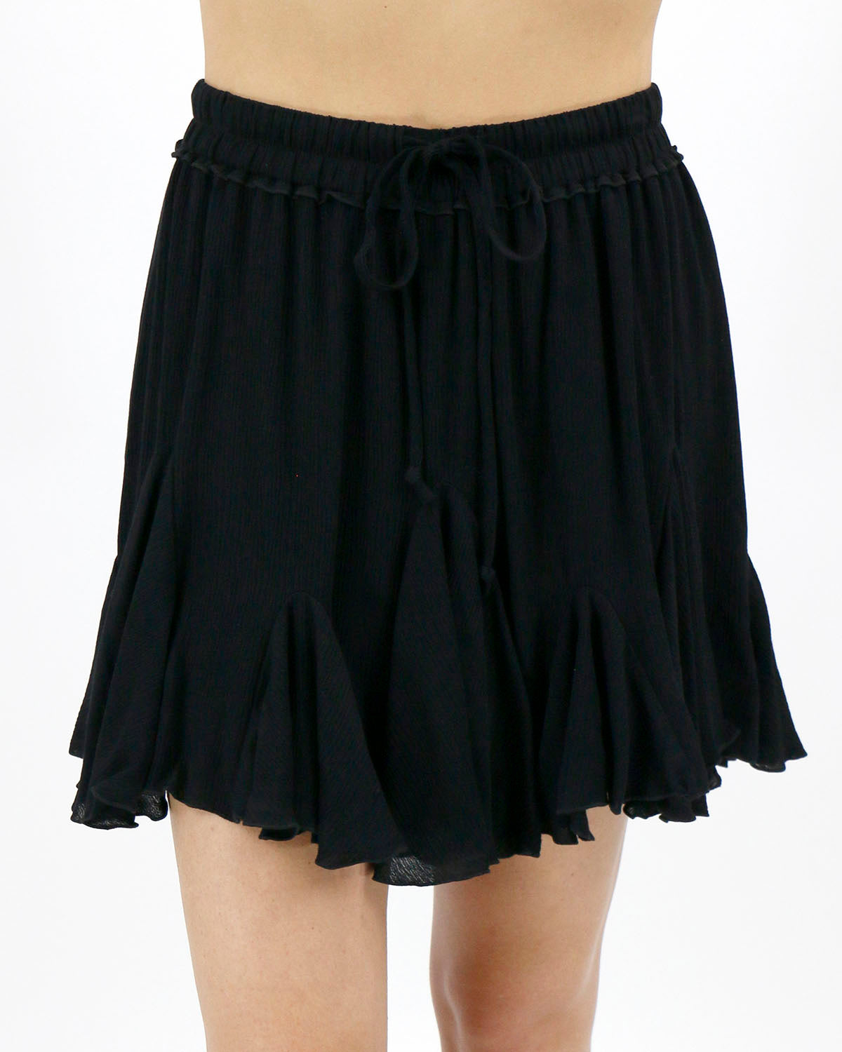 stock shot of black flutter pull on skirt drawstring