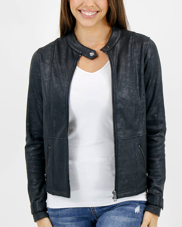 Leather Like Cafe Racer Jacket in Black - Grace and Lace