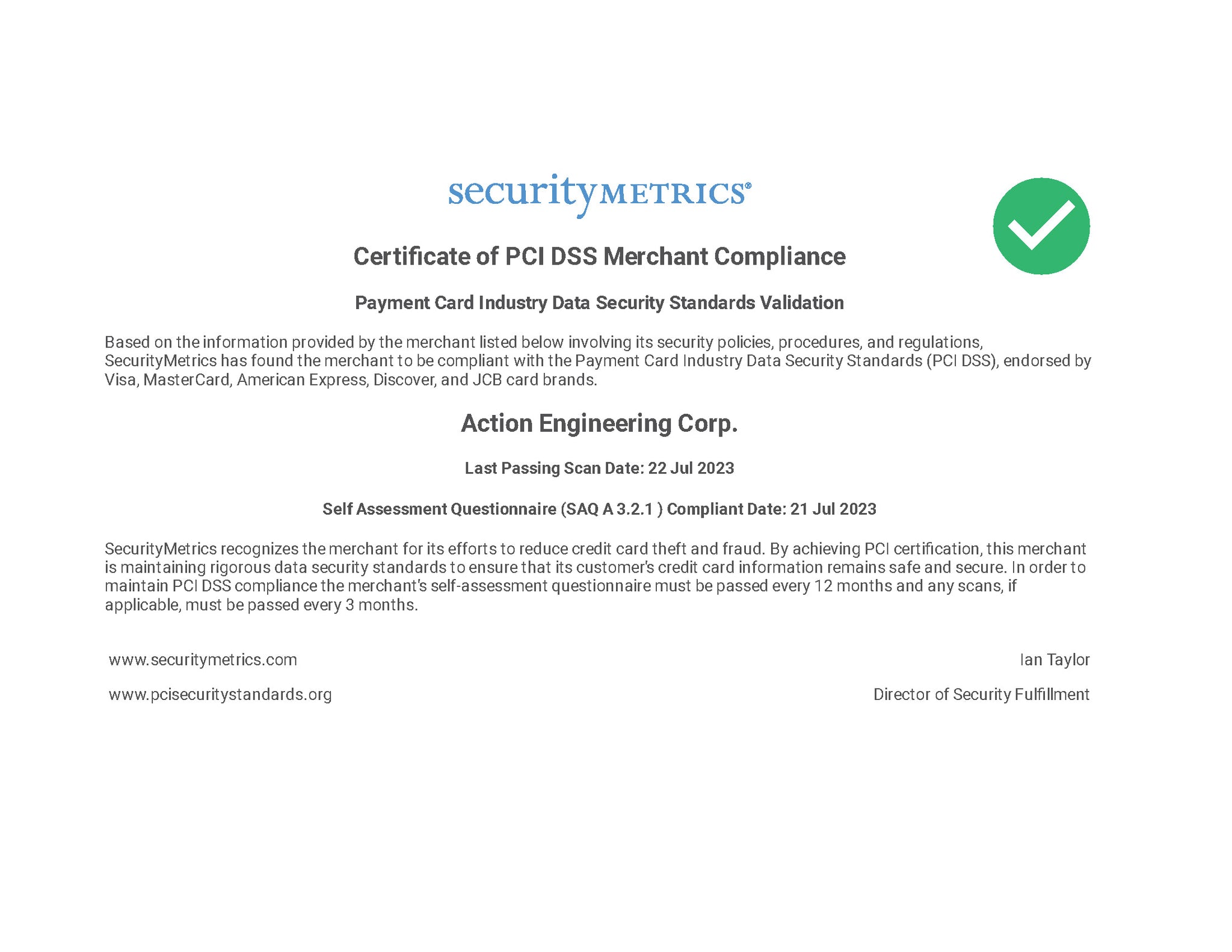 PCI-DSS Compliance Certificate, Action Engineering Corp., DBA: Dabbing Warehouse