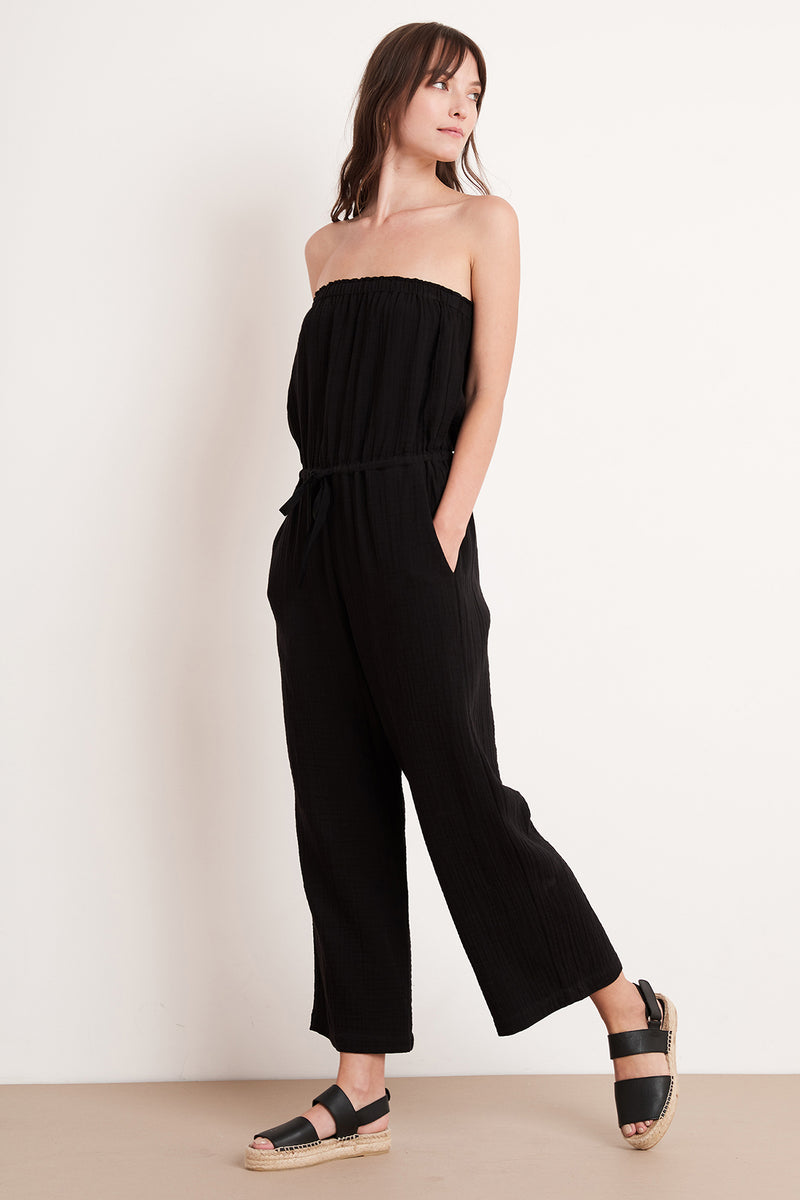 strapless velvet jumpsuit