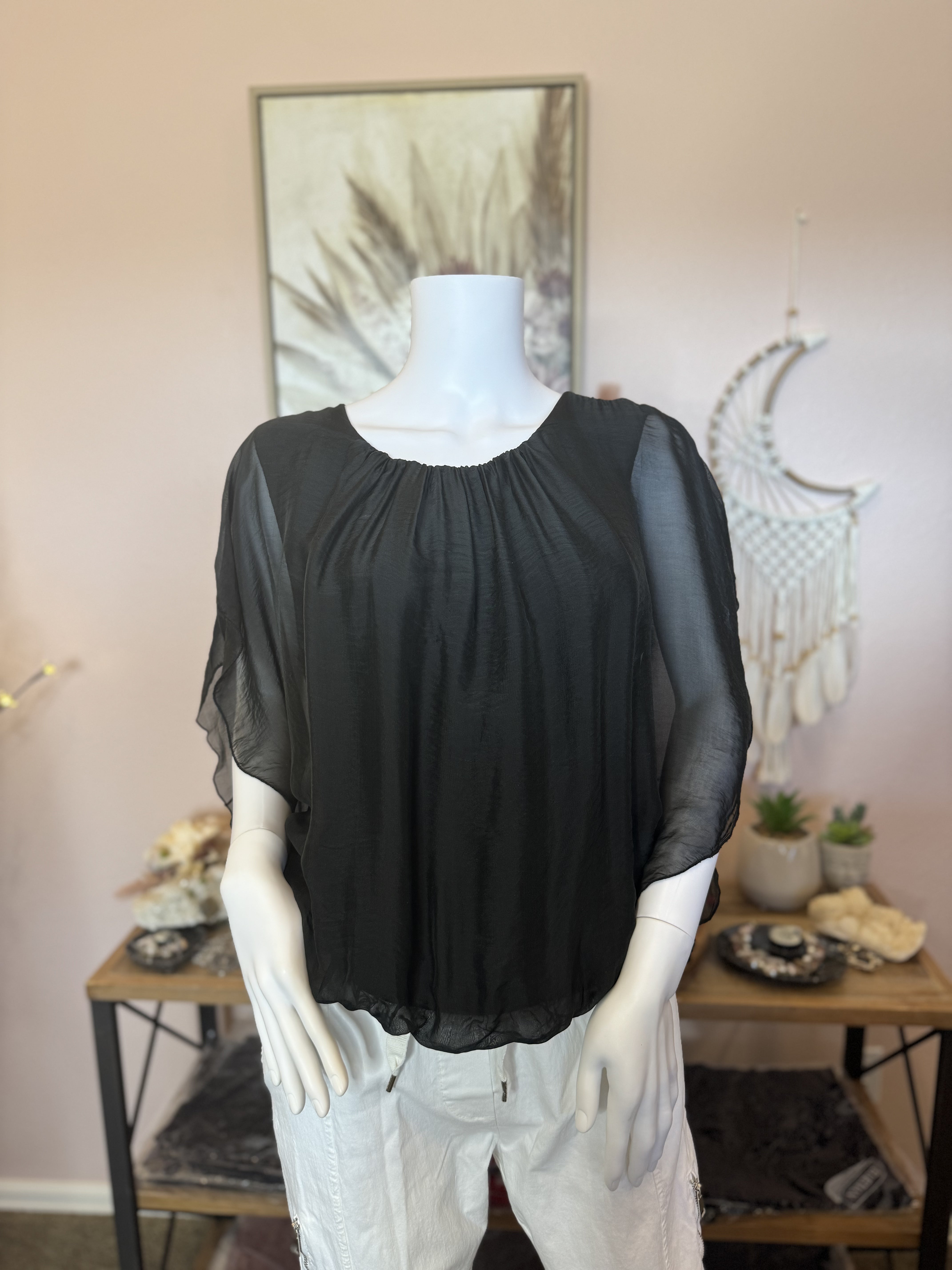 Aurora Flutter Sleeve Silk Top - Black