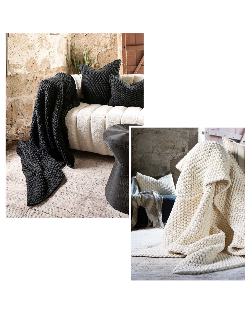 marco throws in ivory and black, big chunky cotton throws displayed on a lounge