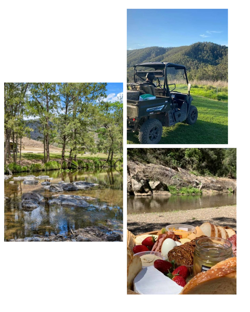 one shot of the manning river, one of a picnic by the river and another riding around the property